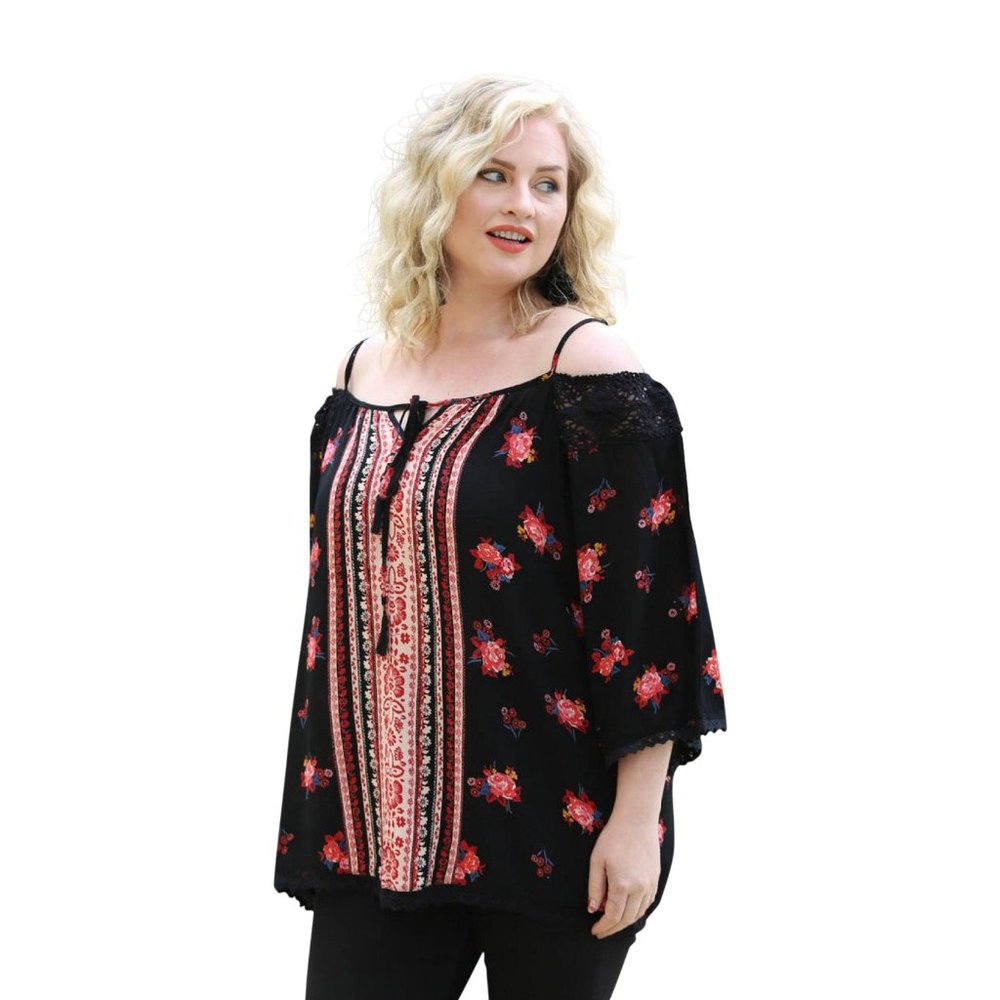 Angie Floral Twin Print Cold Shoulder Top  *  Plus Size